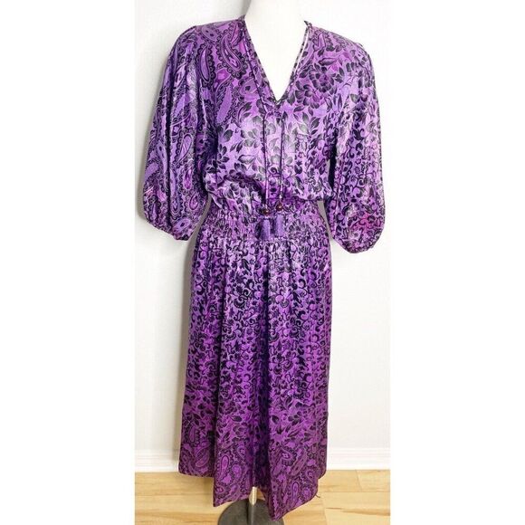 Vintage 80s Goth Punk Prom‎ Dress  Purple Black Floral Whimsigoth Victorian Med - Picture 1 of 5